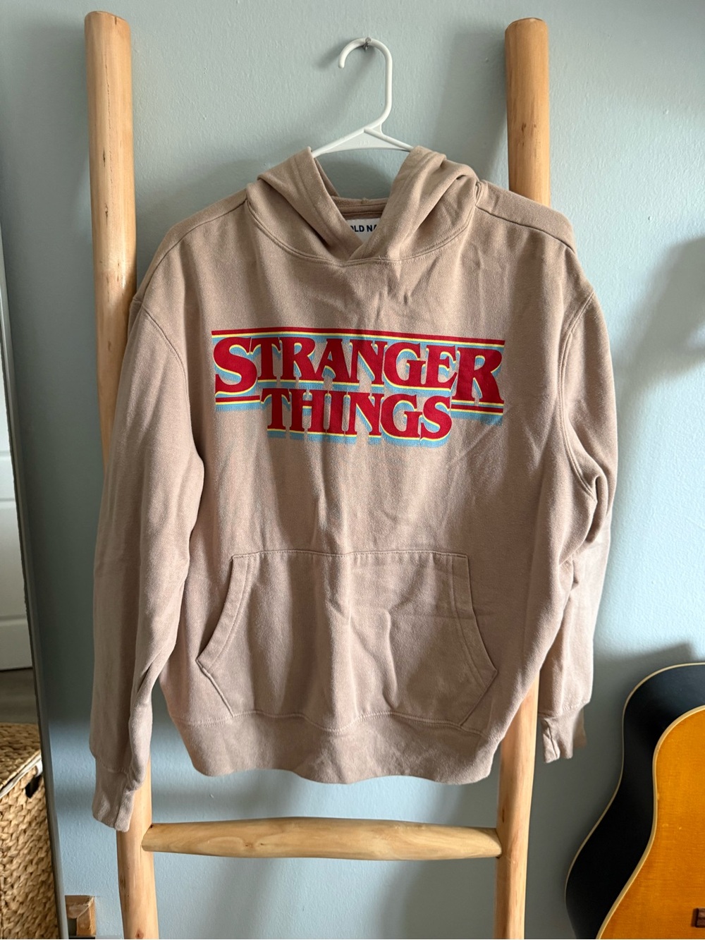 Old Navy Tan Hoodie with Red and Blue Stranger Things Logo